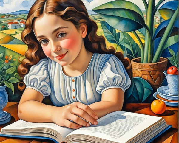 Young girl in a blue dress with an open book and fruit