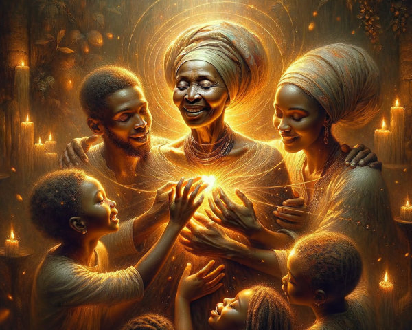 Family Gathering in Candlelit Setting with Elder and Children