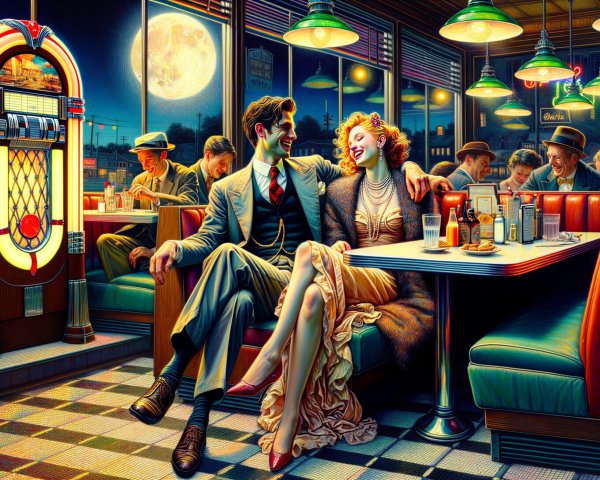 Retro Diner Scene with Couple Under Bright Moon