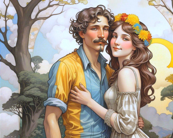 Romantic Couple in Nature with Floral Elements