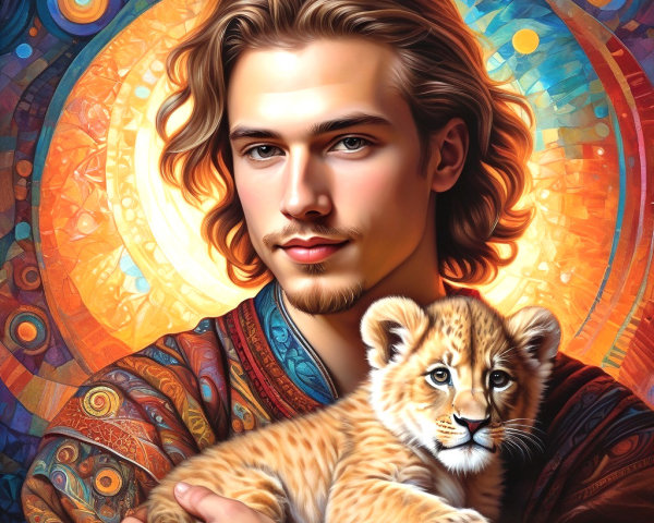 Young man with lion cub in vibrant, glowing setting