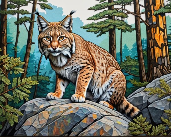 Majestic lynx on rocky outcrop in serene forest