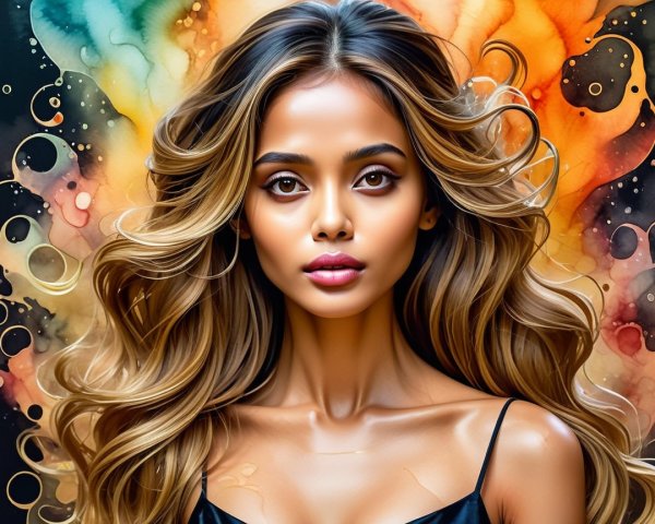 Portrait of a woman with wavy hair and abstract background