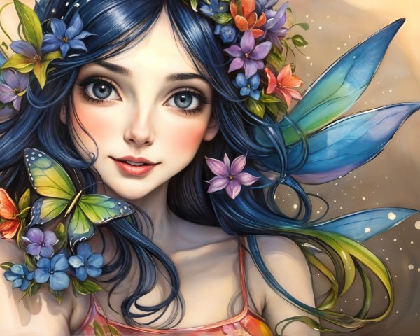 Fantastical woman with blue hair and butterfly wings