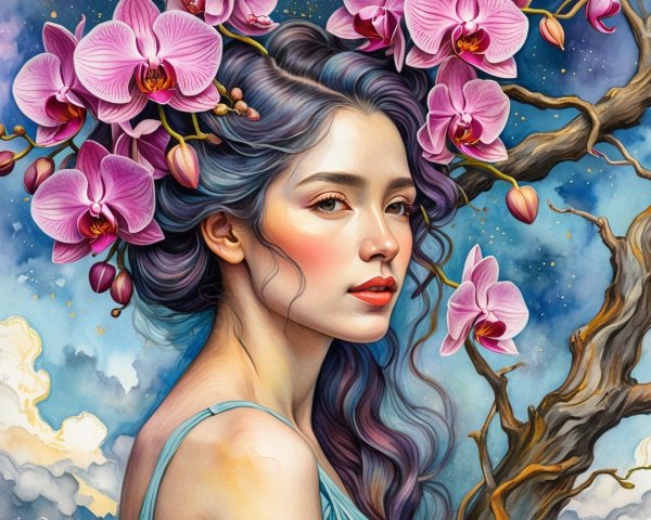 Digital Watercolor of Woman with Orchid Flowers and Sky