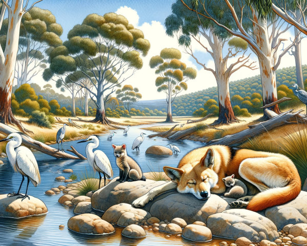 Serene River Landscape with Wildlife and Lush Trees