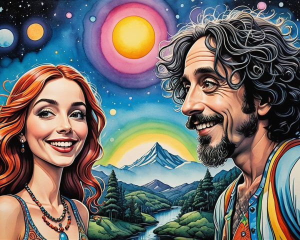 Colorful Cosmic Illustration of a Joyful Couple