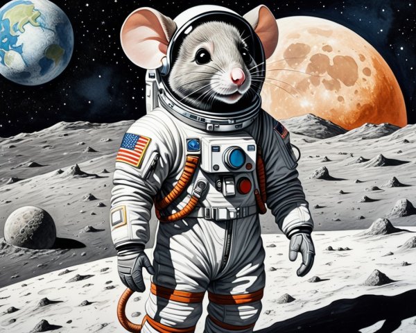Cartoon Mouse in Space Suit on Lunar Landscape