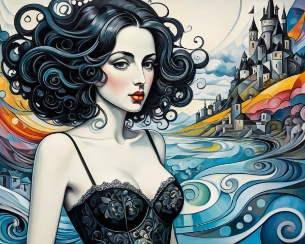 Striking Woman with Black Hair and Whimsical Castle