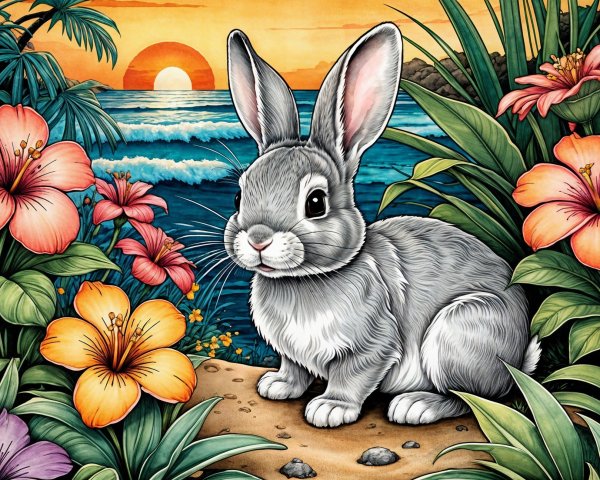 Gray rabbit on sandy path with tropical flowers and sunset