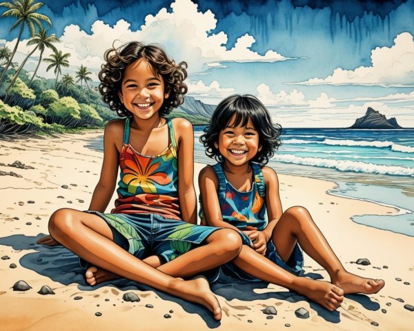 Young girls on a sunny beach with ocean backdrop
