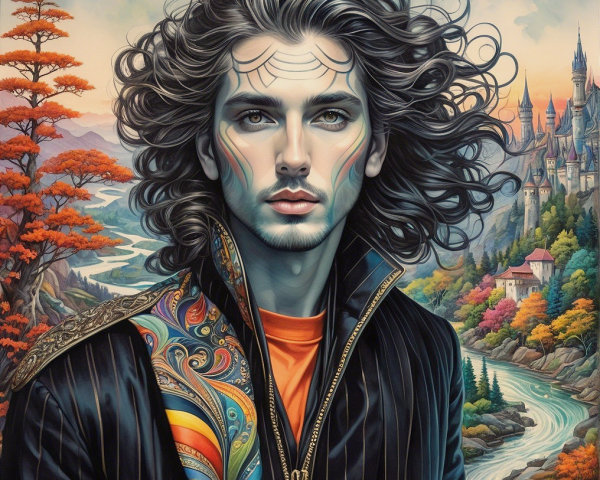 Portrait of a young man with curly hair and facial markings