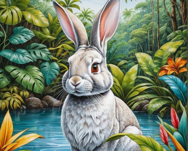 Fluffy White Rabbit by Serene Pond with Tropical Flora