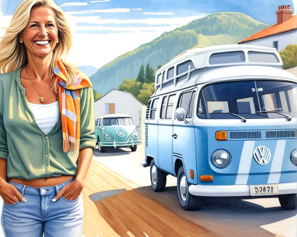 Cheerful Woman in Cardigan on Sunny Street Scene