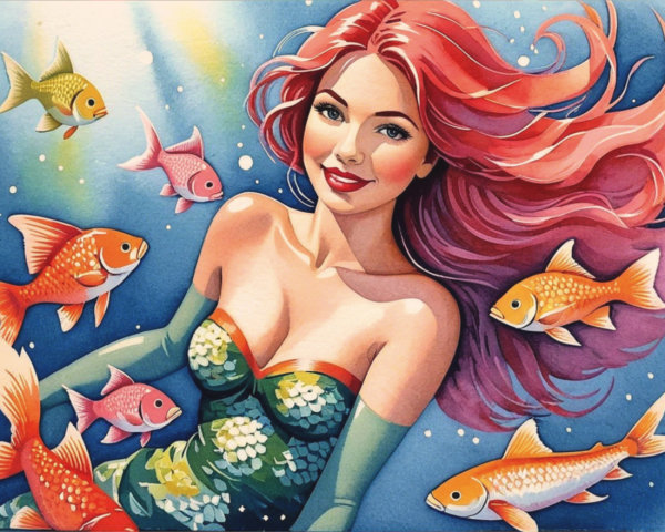 Colorful Underwater Scene with Mermaid and Fish