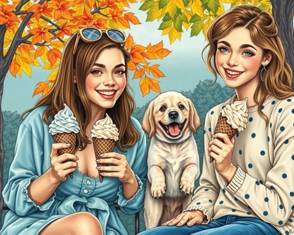 Young women enjoying ice cream in autumn leaves