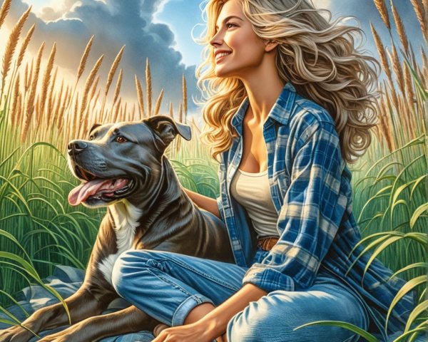 Woman in plaid shirt with dog in sunny field