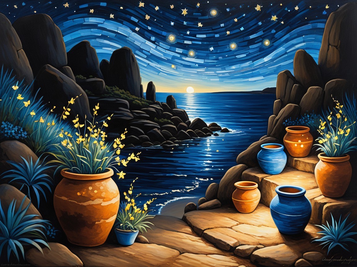Tranquil Twilight Coastline with Colorful Pots and Stars