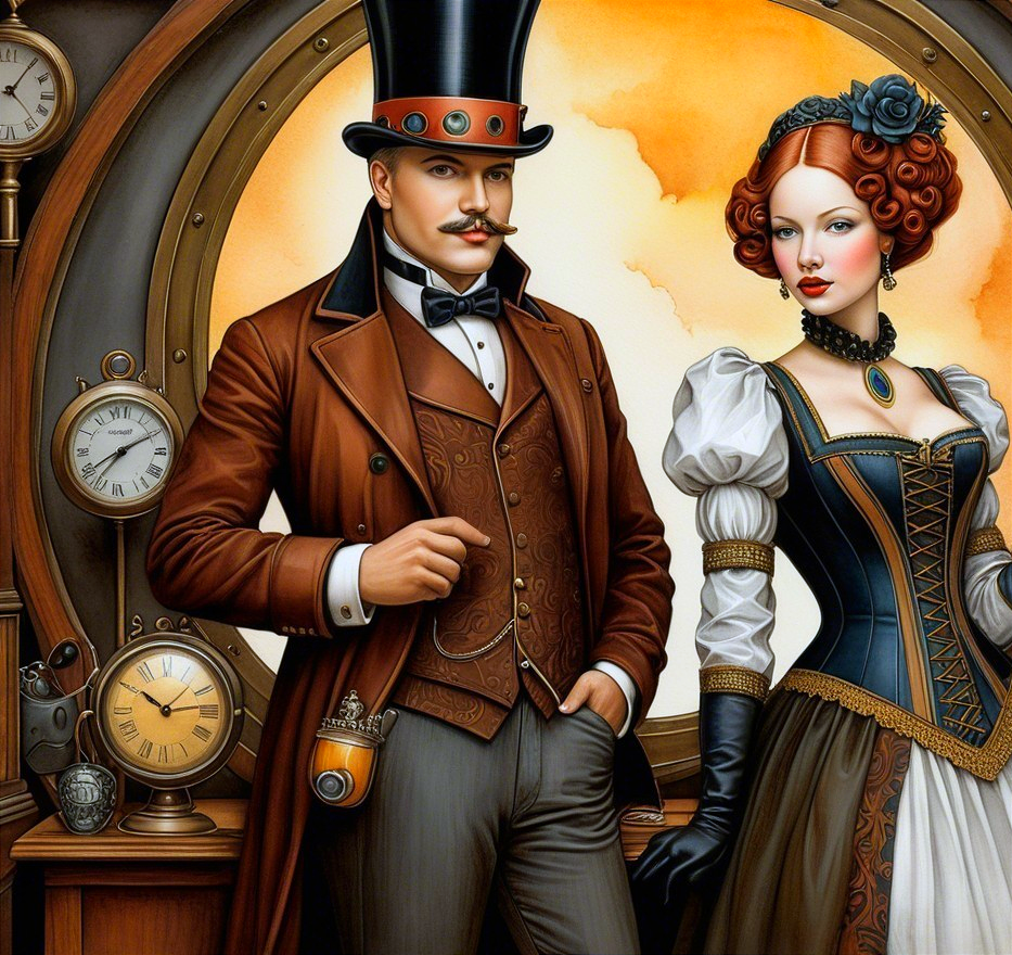 Stylish Steampunk Couple with Vintage Clocks