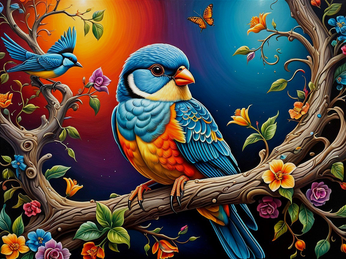 Vibrant bird on a floral branch in colorful scene