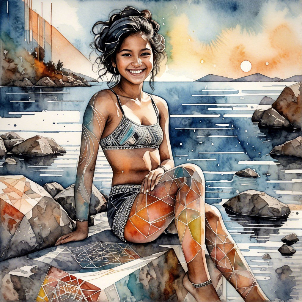 Young woman in patterned swimsuit by serene seascape