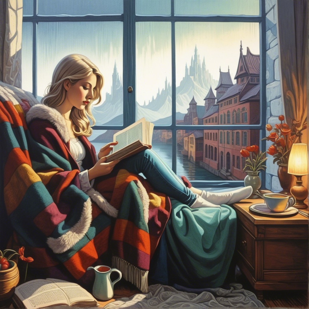 Cozy Indoor Reading Scene with Scenic Mountain View