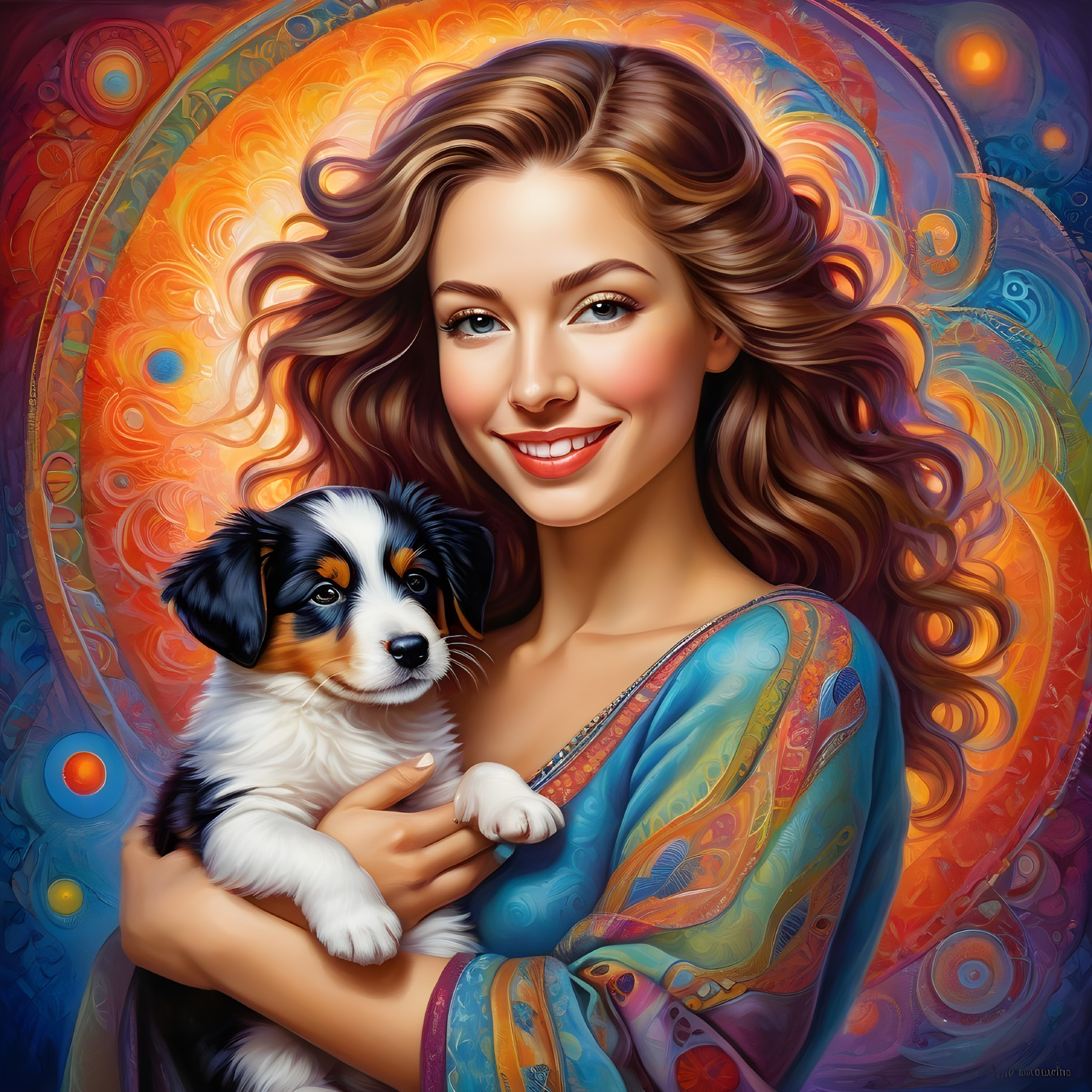 Smiling woman with tricolor puppy in colorful backdrop