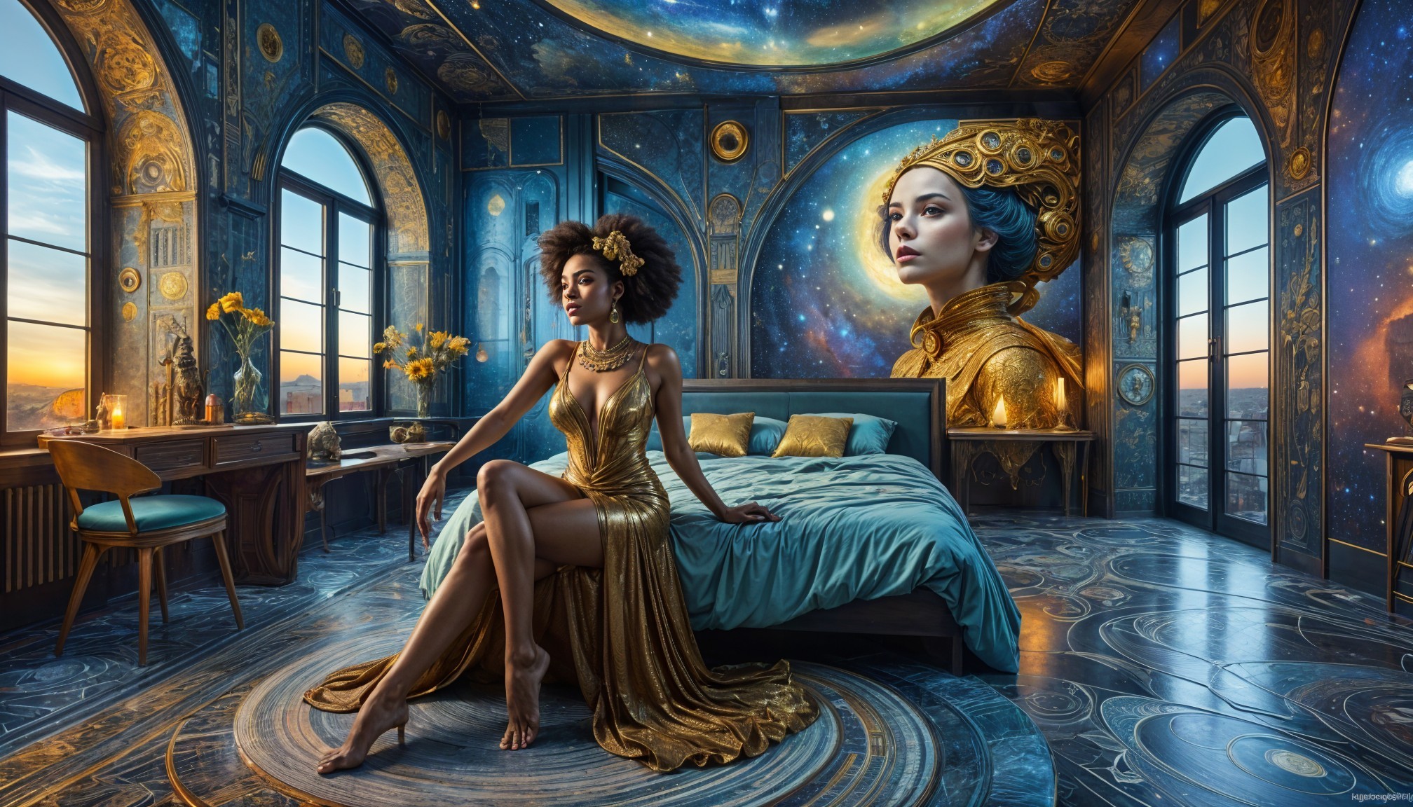 Celestial-Themed Room with Contemplative Woman