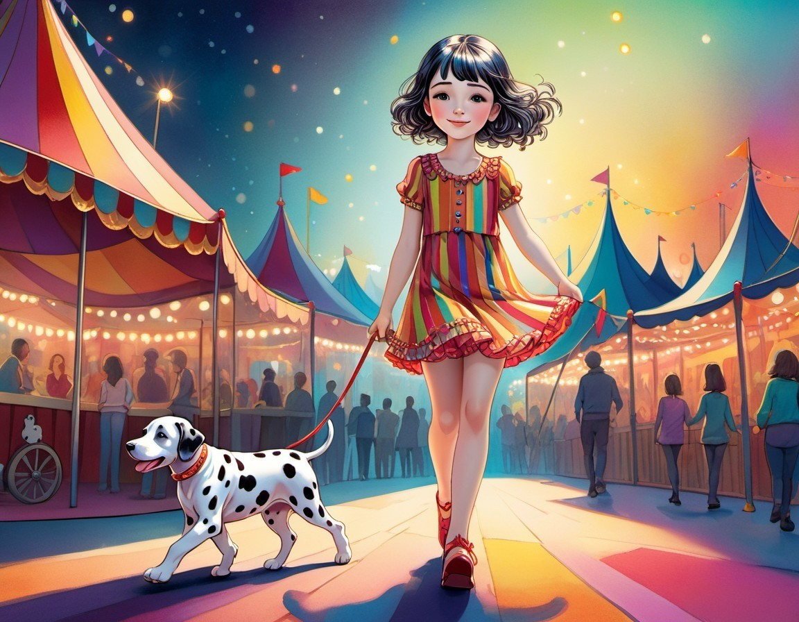 Young girl at colorful carnival with Dalmatian dog