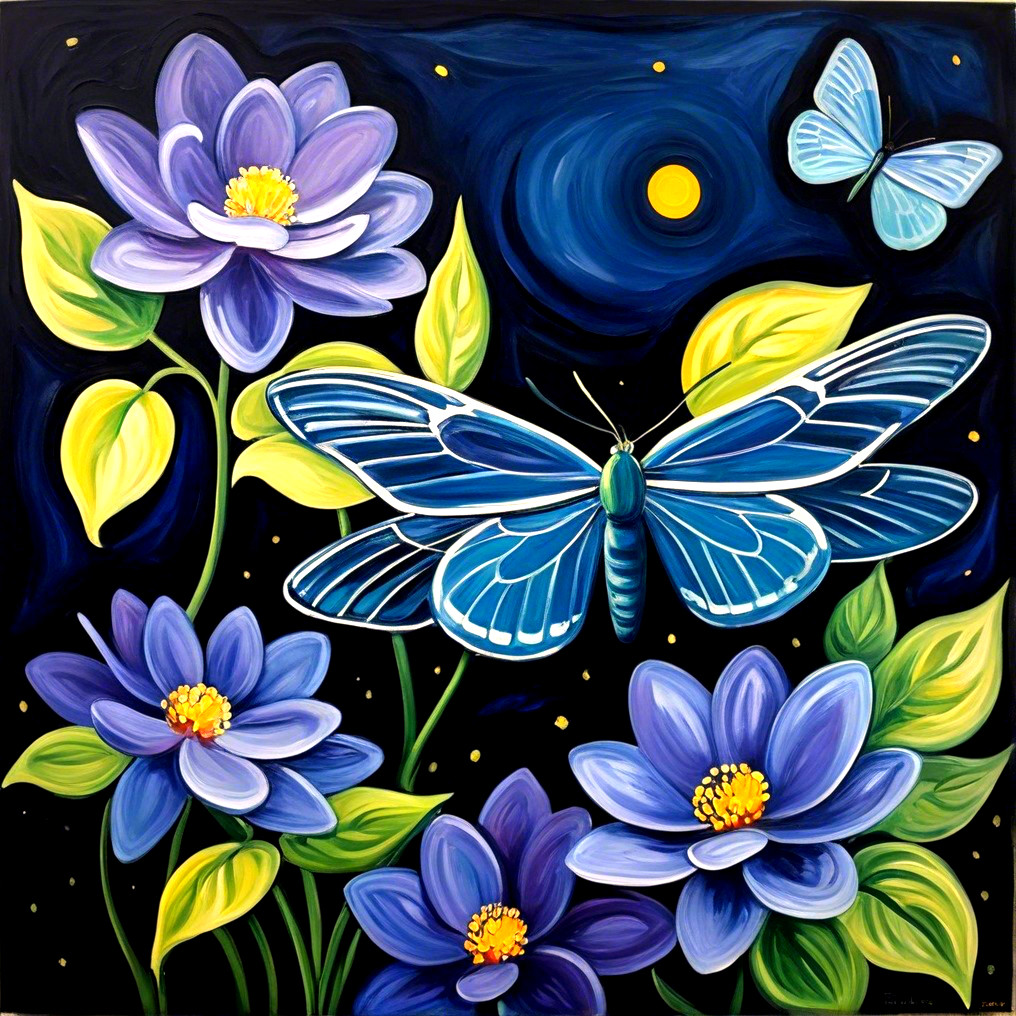 Vibrant painting of blue butterflies and purple flowers