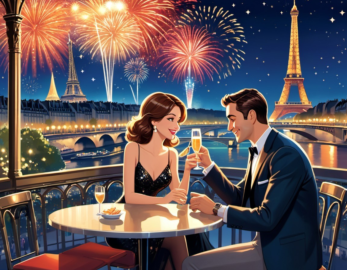 Animated couple toasting champagne on balcony with Eiffel Tower view.