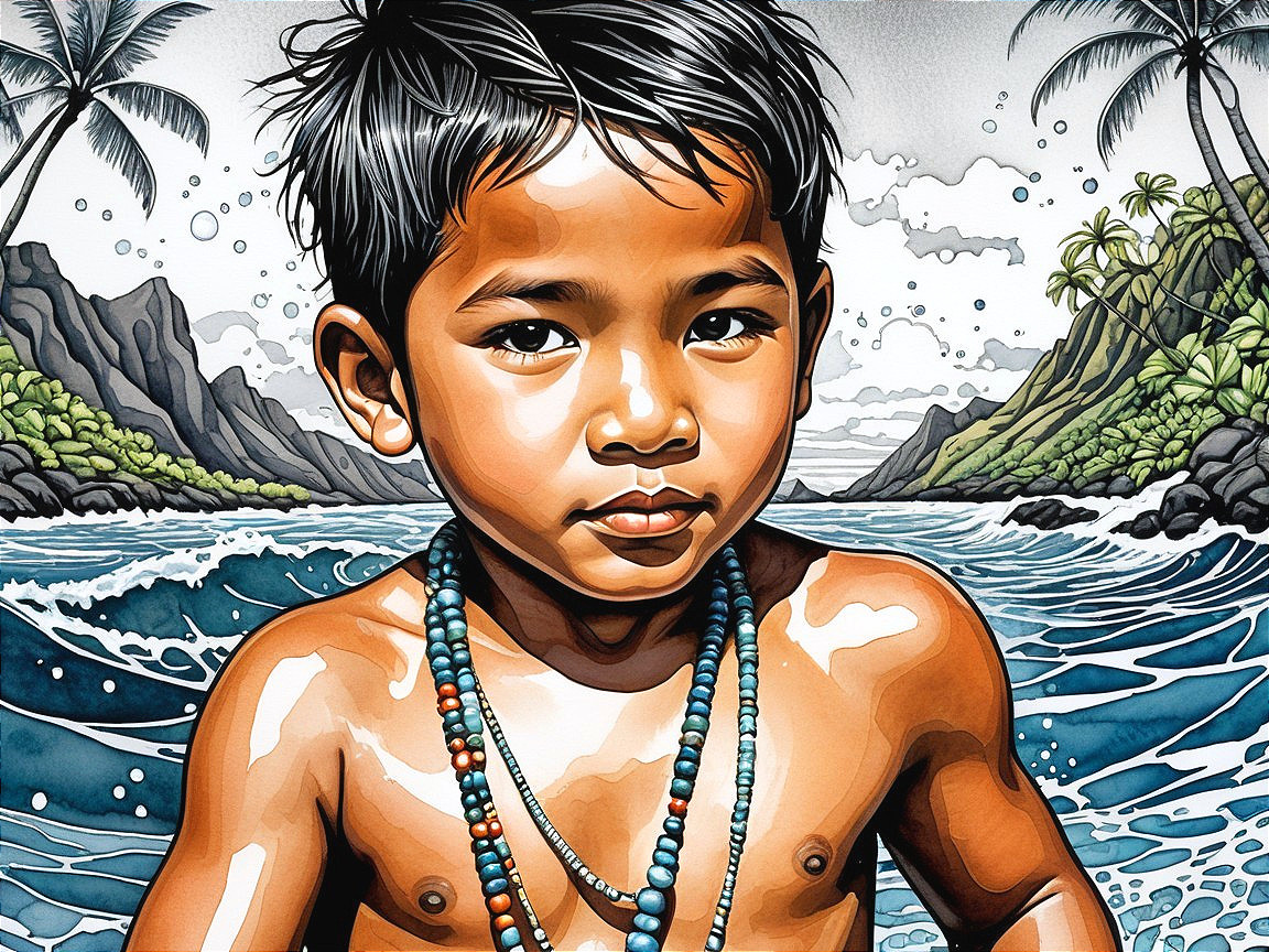 Young boy with black hair at a beach scene