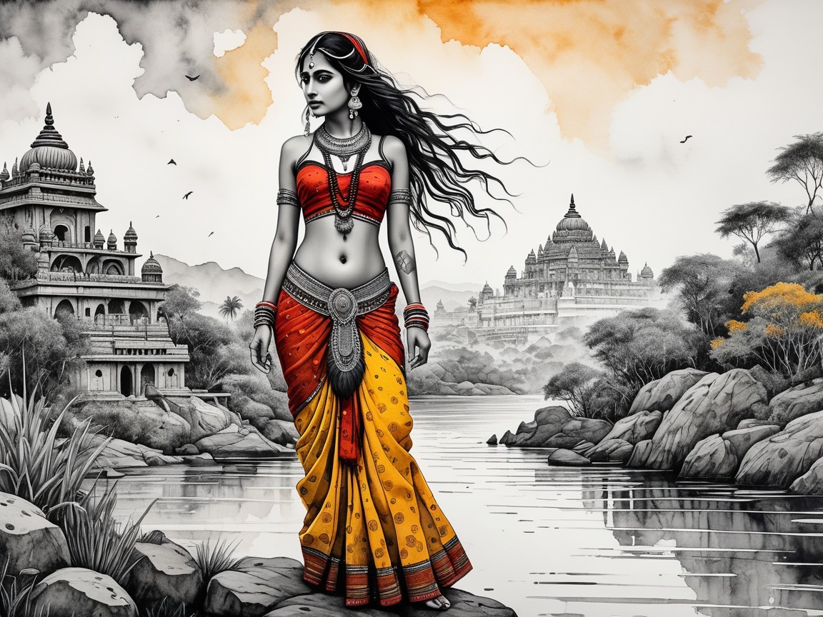 Illustration of Woman in Traditional Attire by River