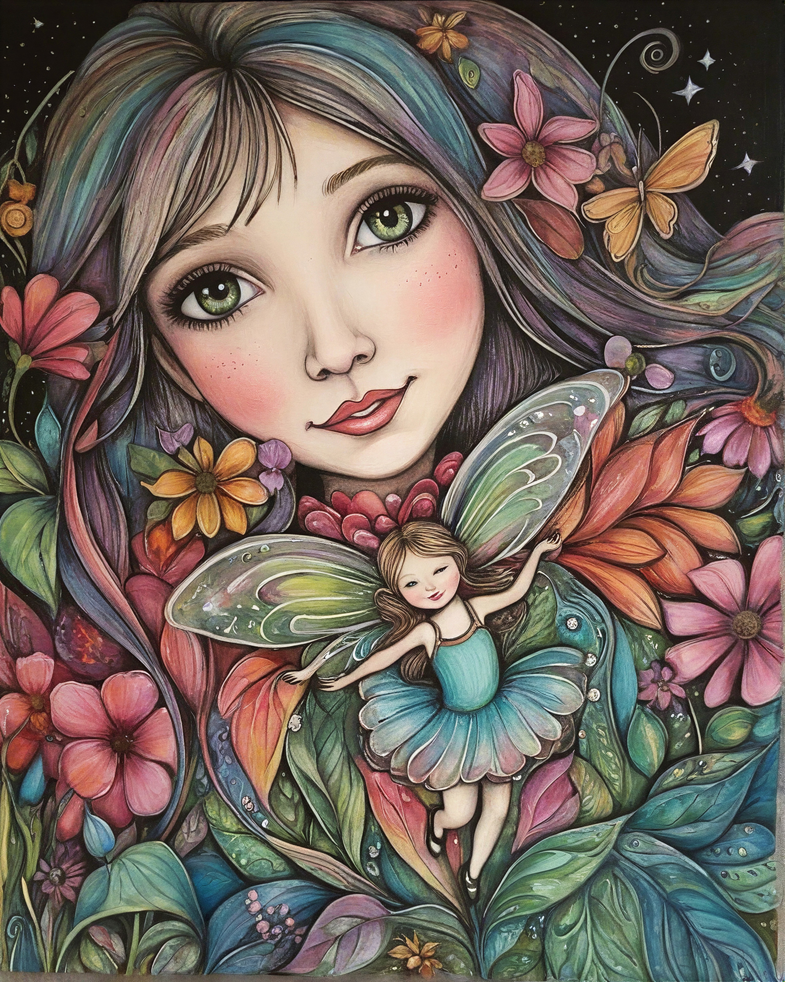 Whimsical Girl Surrounded by Flowers and a Fairy
