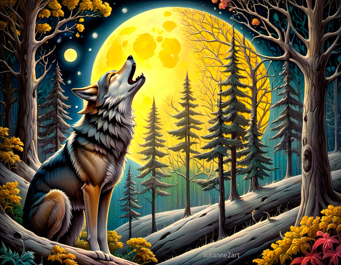 Wolf Howling at Full Moon Surrounded by Autumn Foliage