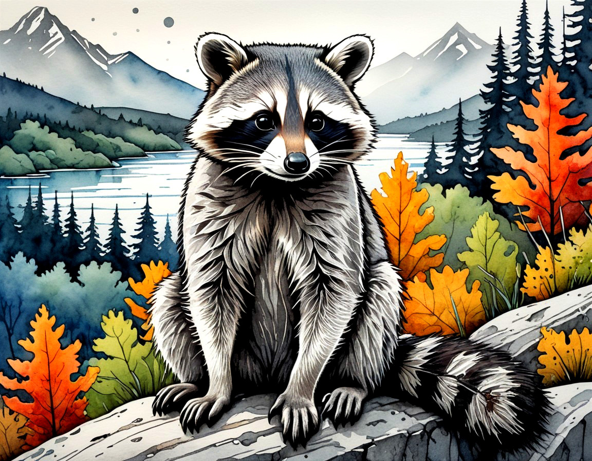 Whimsical Raccoon in Vibrant Autumn Landscape