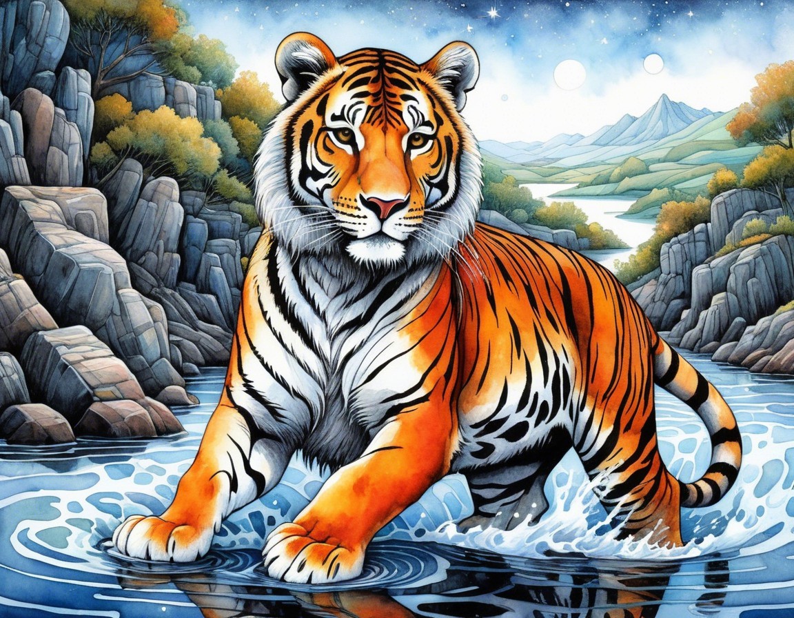 Tiger in a River Surrounded by Lush Landscape