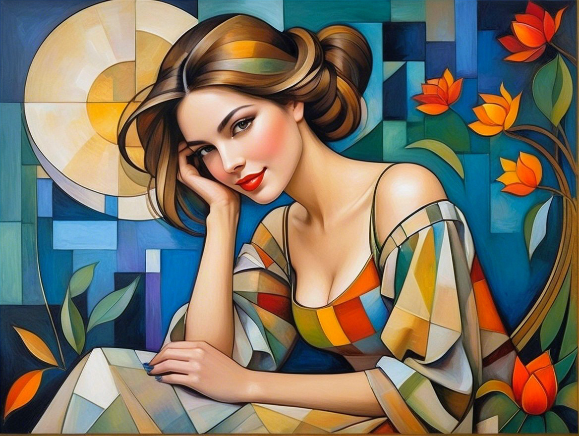Stylized Woman in Colorful Dress with Geometric Background