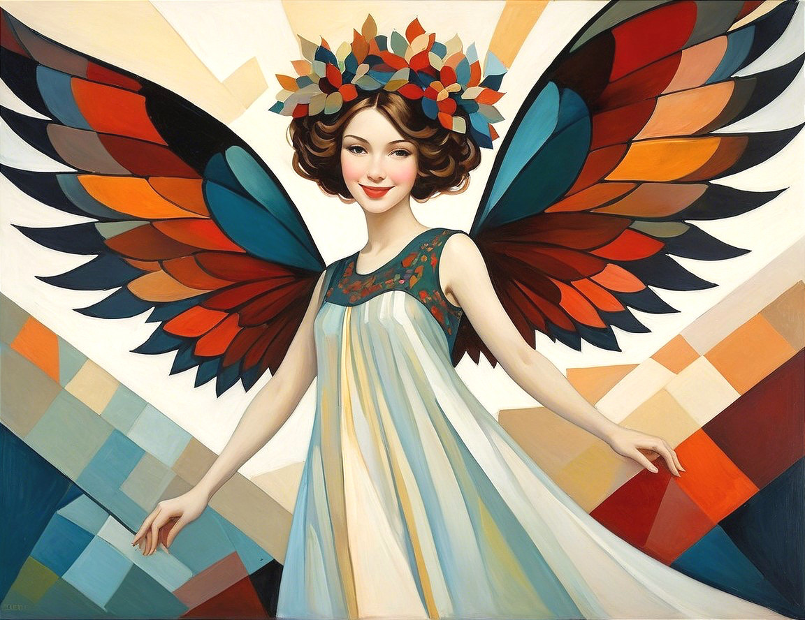 Angelic Figure with Colorful Wings and Floral Crown