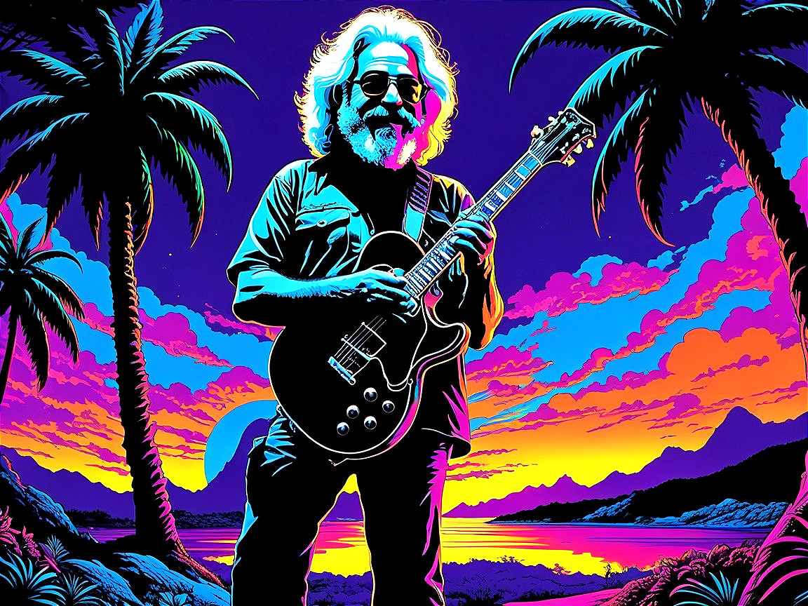 Psychedelic Illustration of Musician at Sunset