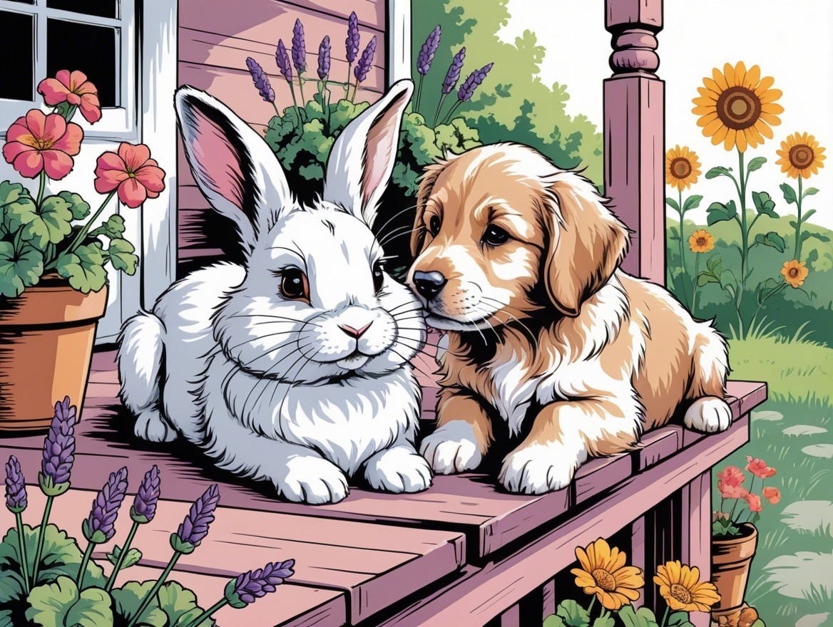 Fluffy Rabbit and Golden Puppy on Wooden Porch