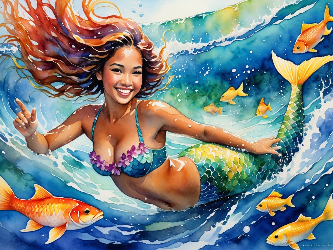 Vibrant Underwater Scene with Joyful Mermaid and Fish