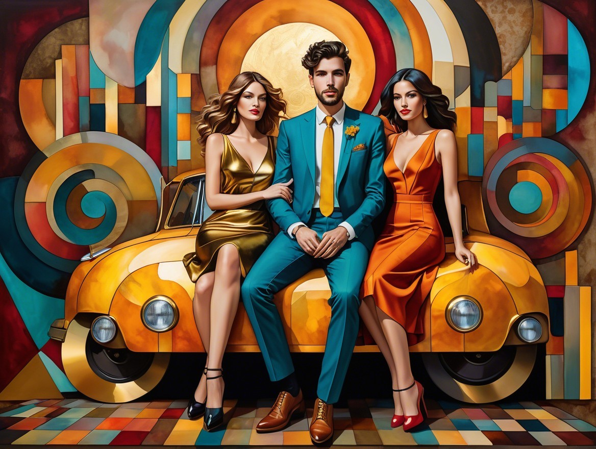 Stylized Scene with Man and Women in Vibrant Outfits