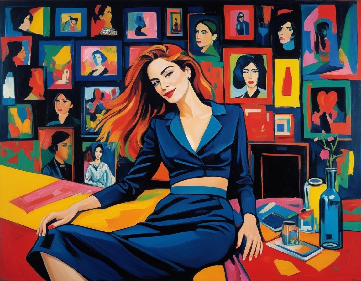 Vibrant Painting of Confident Woman with Colorful Portraits