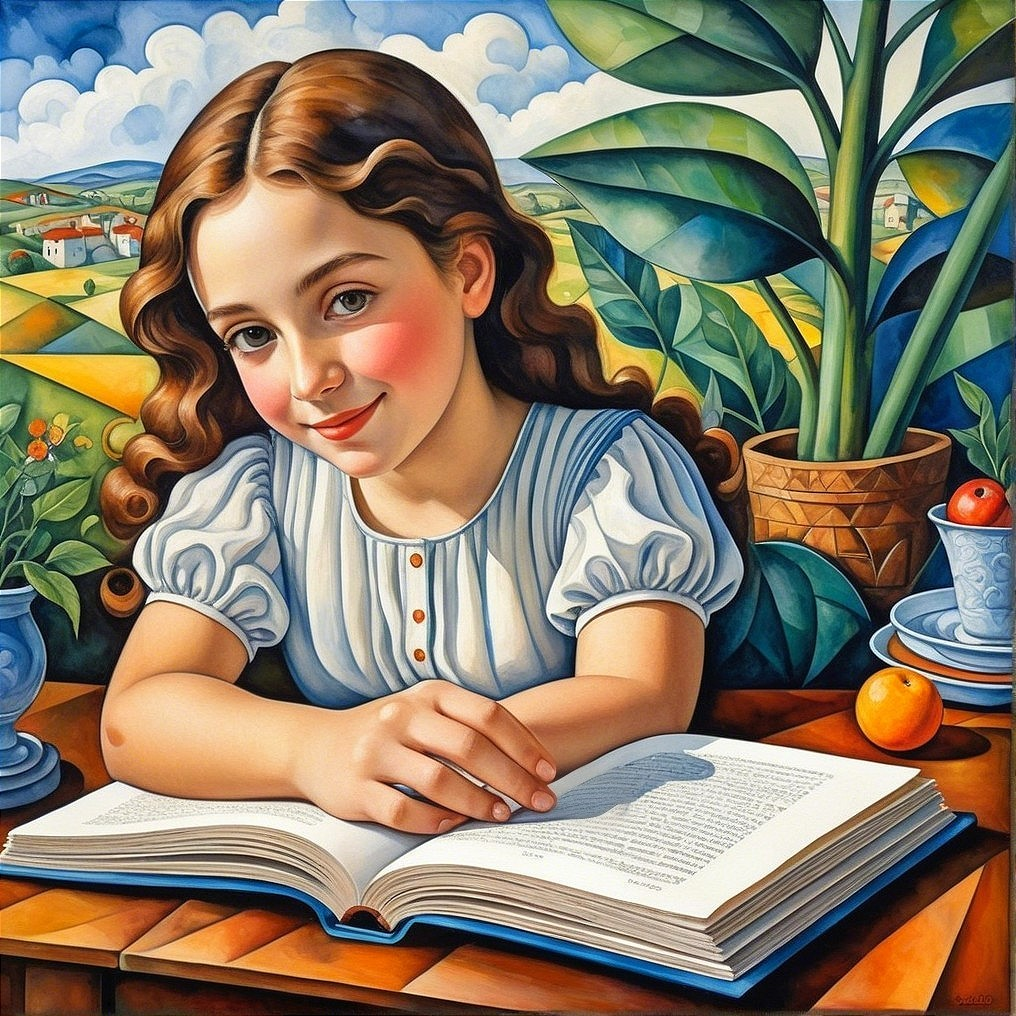 Young girl in a blue dress with an open book and fruit