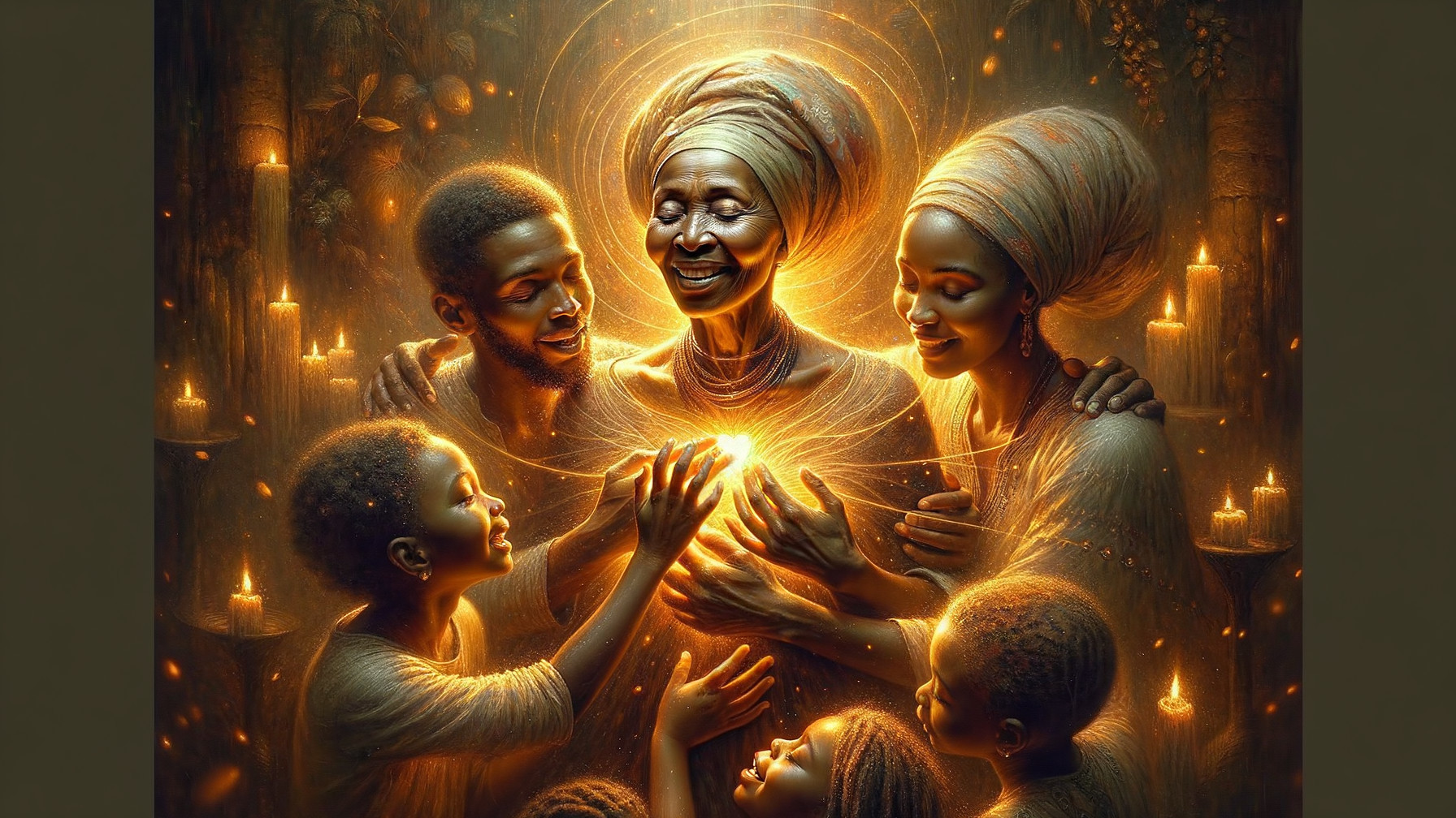 Family Gathering in Candlelit Setting with Elder and Children