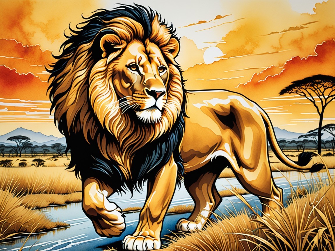Lion Walking on Golden Savanna at Sunset