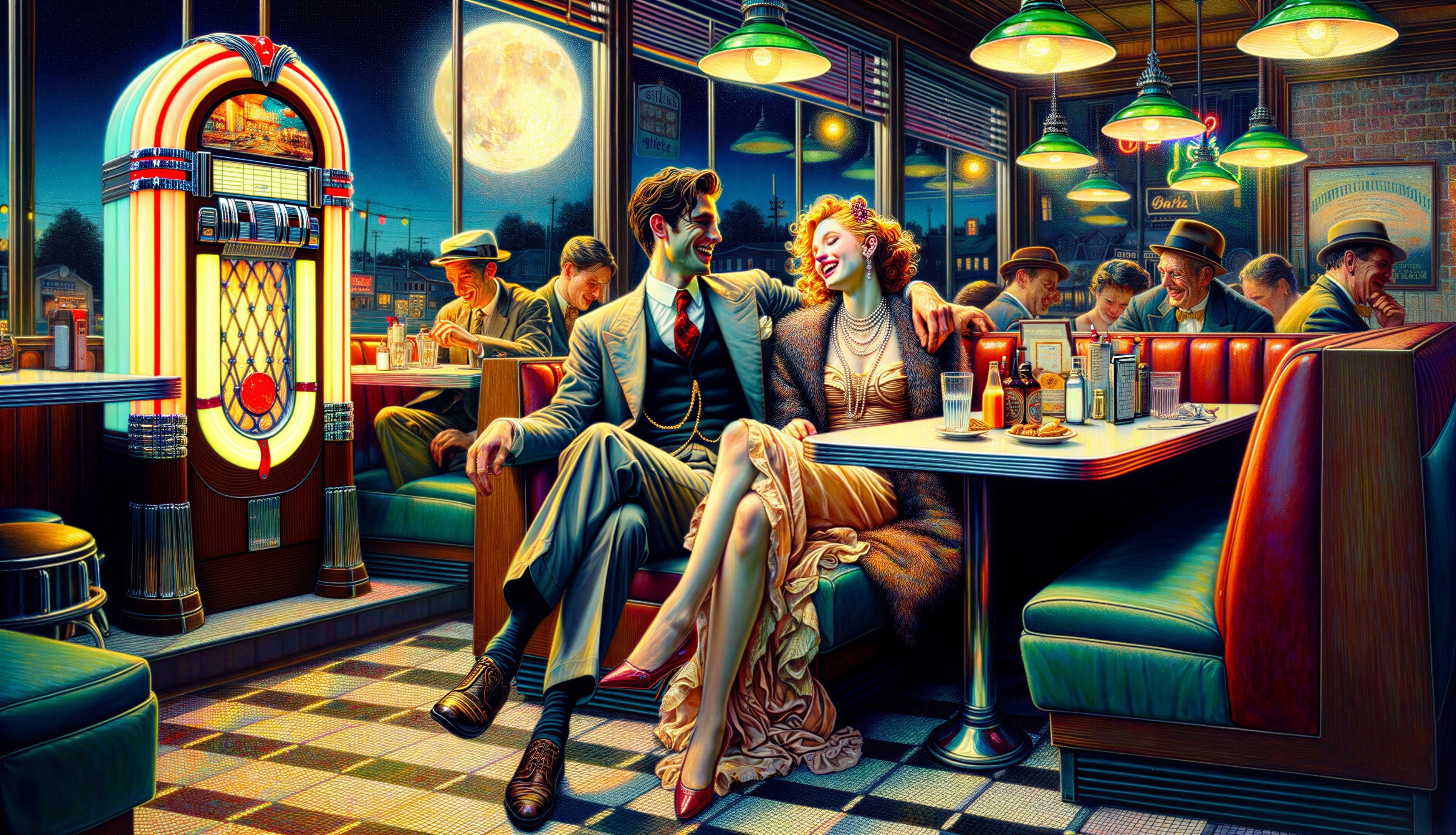 Retro Diner Scene with Couple Under Bright Moon