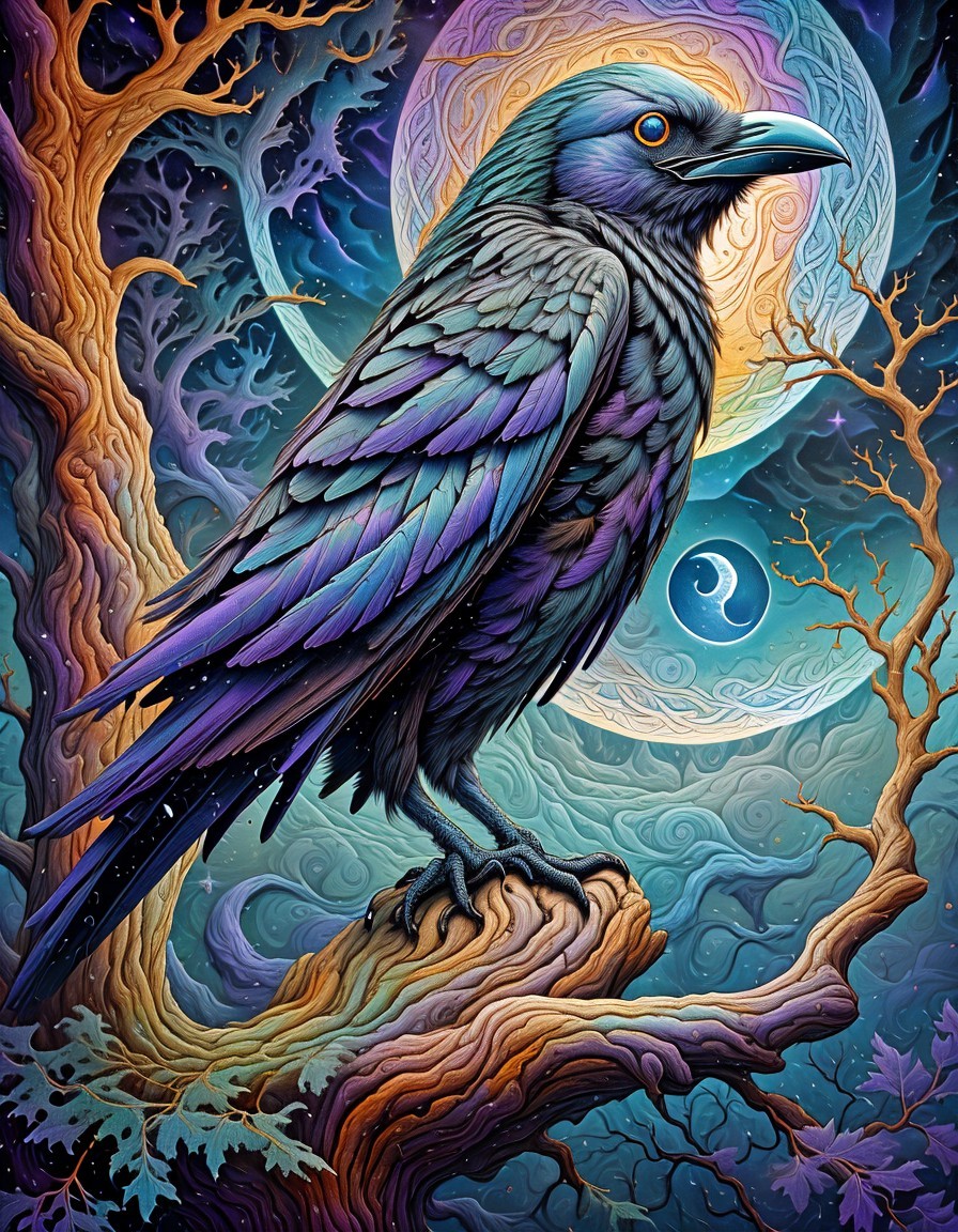 Raven on a Branch Under a Full Moon in Enchanted Forest
