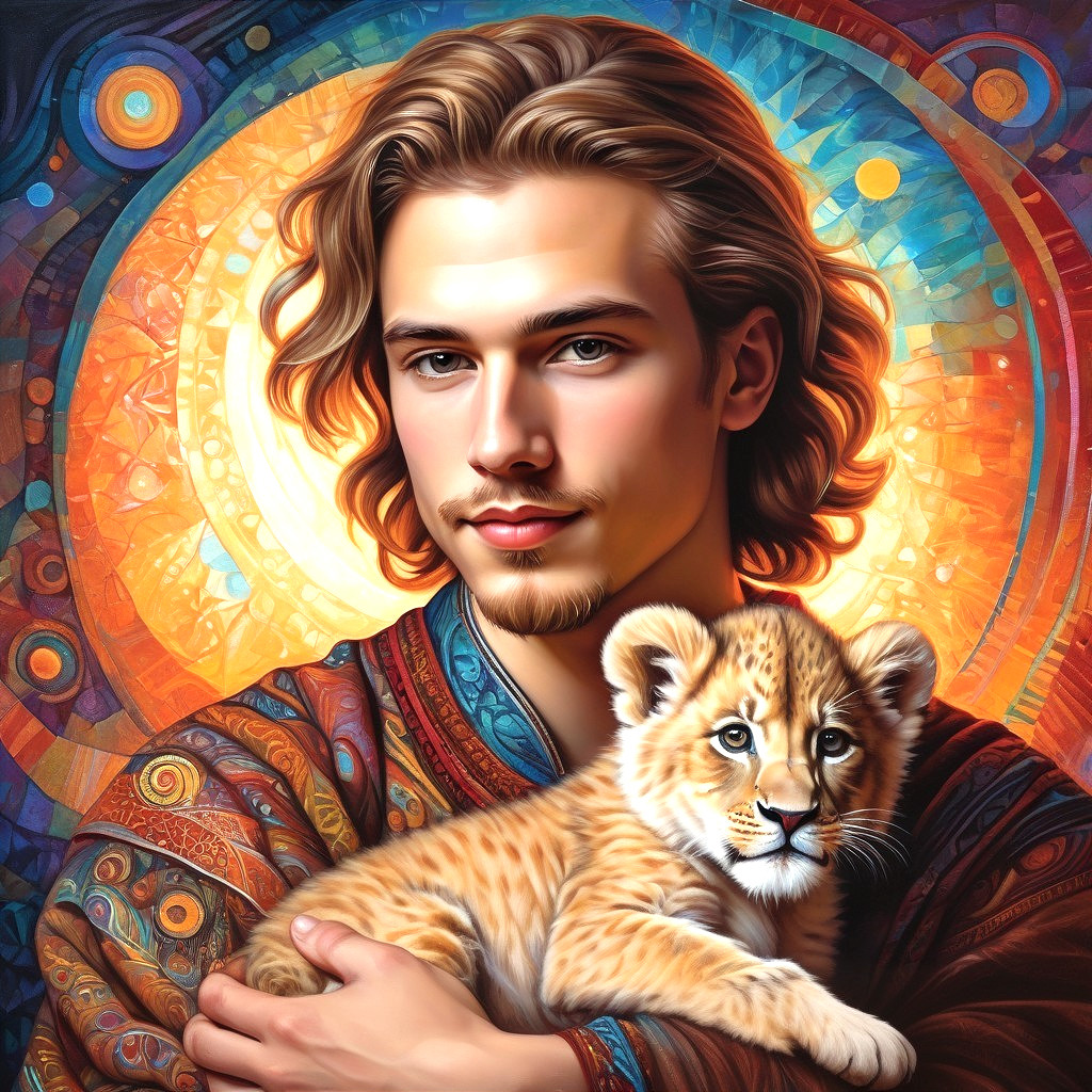 Young man with lion cub in vibrant, glowing setting